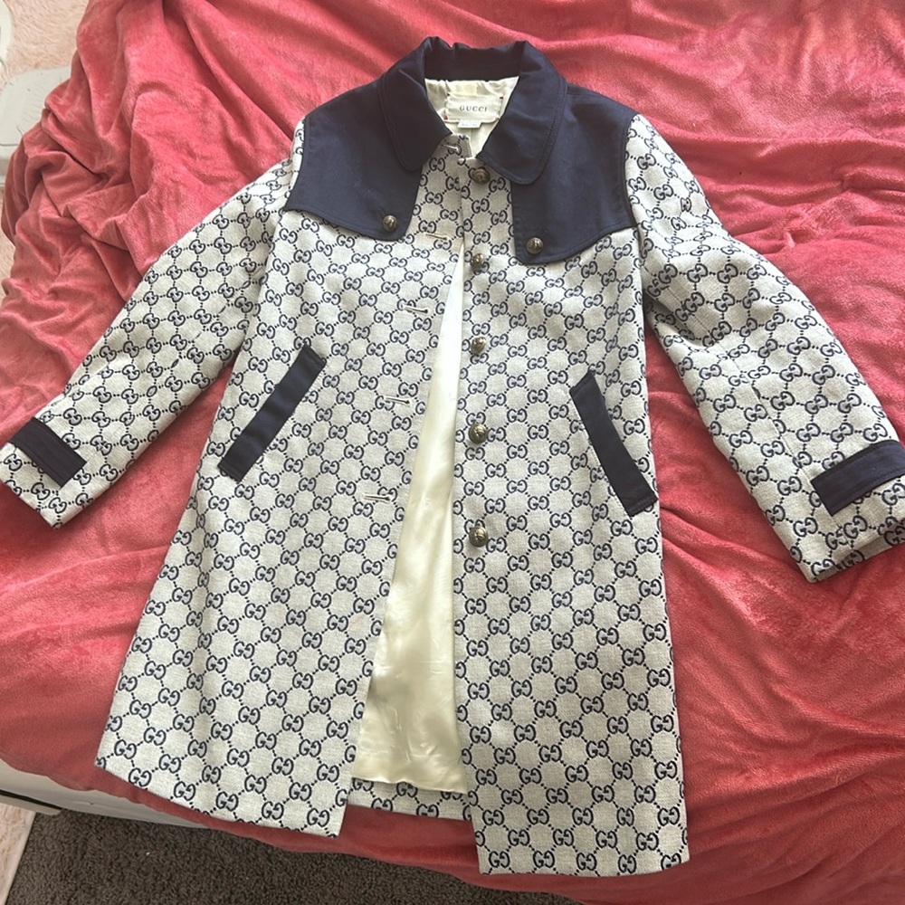 Gucci White & Navy GG Logo Kids Coat